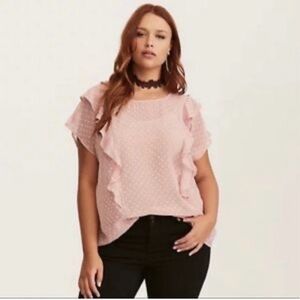 Torrid Light Pink Swiss Dot Sheer Ruffle Front Short Sleeve Blouse Top Size 3X